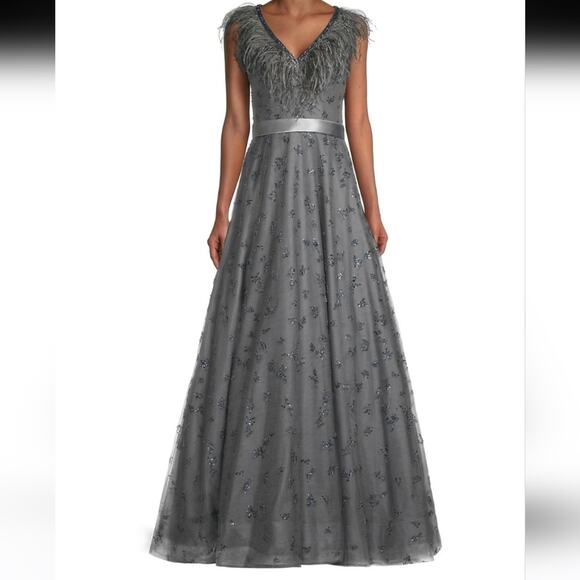 Basix Charcoal Feather Trim Sequin Sleeveless A Line Gown 6 - Picture 1 of 16
